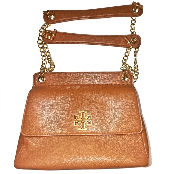 TORY BURCH Britten Flap Tan Leather Shoulder Bag Purse - Picture 1 of 13